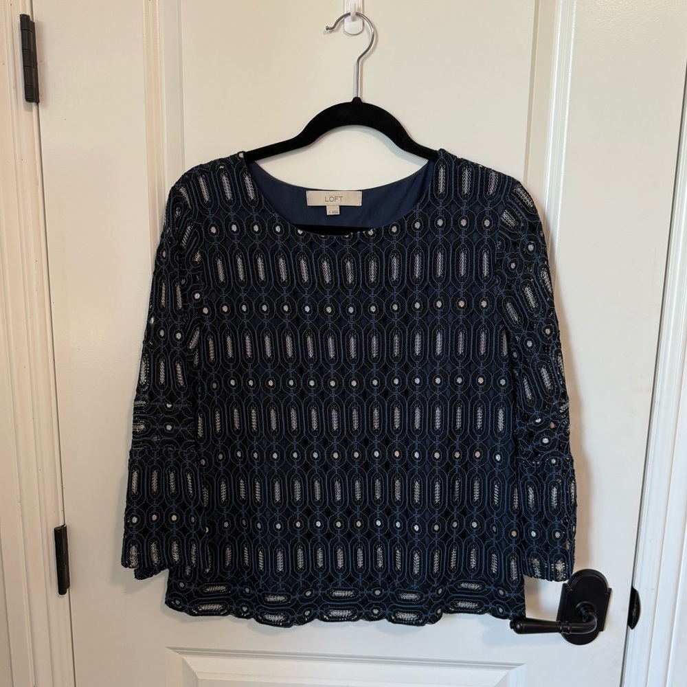 LOFT Dark Blue, Black with Silver Patterned Blouse